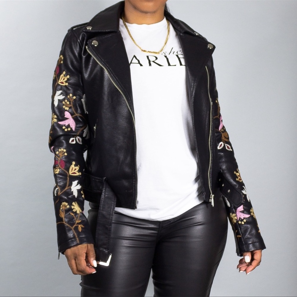 Floral Embroidered Faux Leather Jacket - Black Women's Size Medium